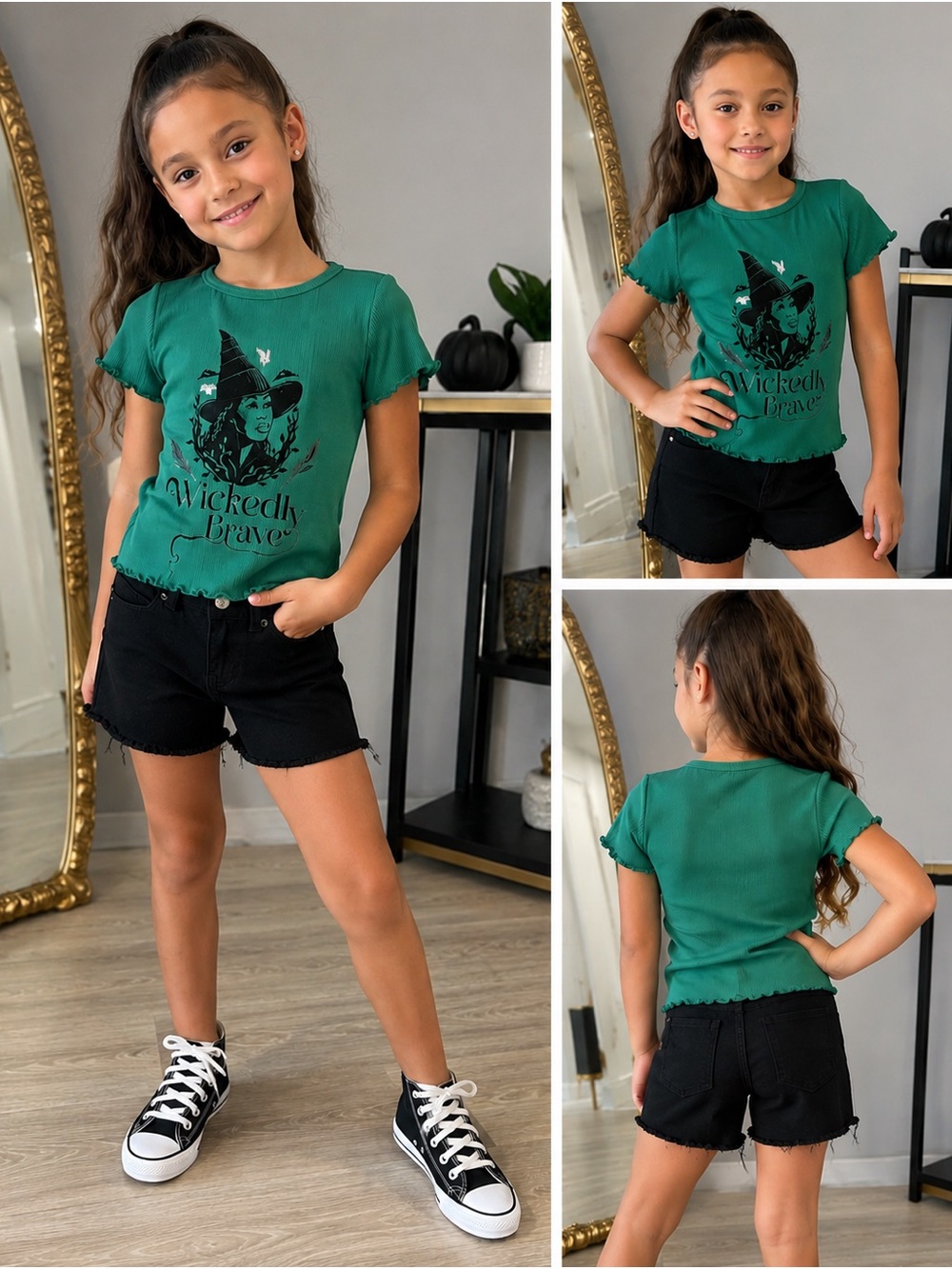 Wickedly Brave Girls Outfit Set NWT Green Top Black Shorts Sz 6